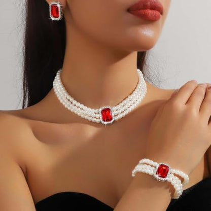 Brishow Pearl Necklace Jewelry Set Wedding Pearls Earrings Necklaces Set Bridal Crystal Bracelet Jewelry for Women (Pack of 3) - color: Red, size: 3 Layered