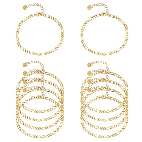 10 PCS Bracelets for Women Stainless Steel Chain Link Bracelet Set | 6.7 Inches with Extender, Jewelry Gifts for DIY, Chains Bulk, Oval, Curb, Figaro Chains, 18K Gold Plated, Silver, Chunky - color: Figaro Gold