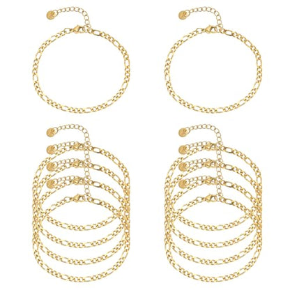 10 PCS Bracelets for Women Stainless Steel Chain Link Bracelet Set | 6.7 Inches with Extender, Jewelry Gifts for DIY, Chains Bulk, Oval, Curb, Figaro Chains, 18K Gold Plated, Silver, Chunky - color: Figaro Gold
