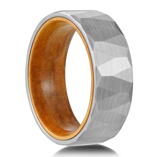 2/4/6/8mm Black/silver/gold Tungsten Rings for Men Womens Couple Fashion Jewelry Promise Engagement Wedding Band Hammered Inner ring inlaid with olive wood Carbide Polished Edge Comfort Fit - color: 8MM olive wood silver