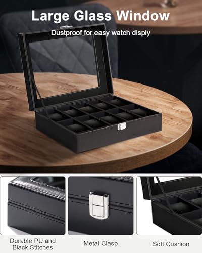 Uten Watch Box 10 Slots for Men, Leather, Large Glass Lid Black | Watch Jewelry Display Case, Fit Watch Size up to 48mm, Removable Pillows, Metal Clasp, Velvety Inner Lining, Gifts - color: Black, size: 10 Slots