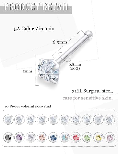 18G 20G 22G Round Cubic Zirconia Nose Rings Studs for Women Men 316L Stainless Surgical Steel Nose Ring Stud Piercing Jewelry Silver Clear CZ 1.5mm 2mm 3mm - style: 20G Straight Silver CZ 2mm