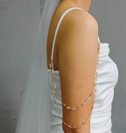 Pearl Arm Chain Wedding bridal Shoulder Jewelry Layered Prom Party Body Jewelry for Slide Dress Costume Accessory - color: Rhinestone-2 Pcs