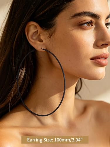 FindChic Thin Hoop Earrings for Women,Silver/Black/Gold Plated 20-100mm - color: Black, size: 100mm