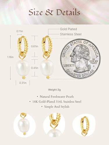 Pearl Earrings VeroSteel Dangle Earrings for Women, Dainty 14k Gold Huggie Hoop Earrings with Pearls, Trendy Pearl Drop Earrings, Stainless Steel Hypoallergenic Stud Earrings For Sensitive Ears - style: Twisted
