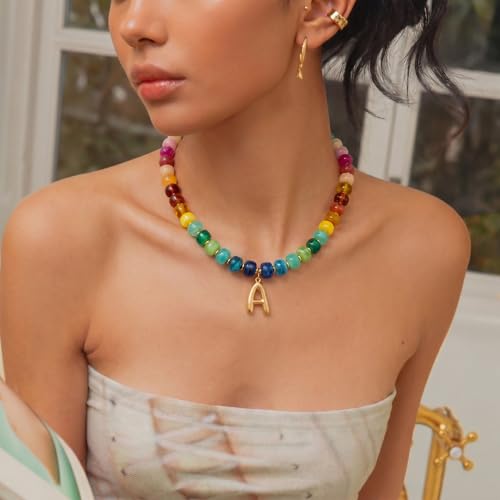 Chunky Beaded Bubble Initial Pendant Necklace Jewelry for Women | Big Large Bead Choker Letter Necklace Summer Beach Beachy Womens Statement Charm Gifts - color: Colorful A