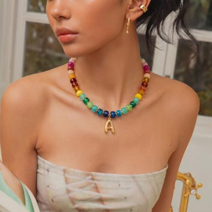 Chunky Beaded Bubble Initial Pendant Necklace Jewelry for Women | Big Large Bead Choker Letter Necklace Summer Beach Beachy Womens Statement Charm Gifts - color: Colorful A