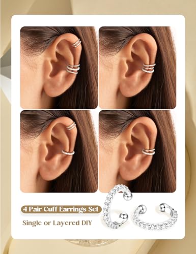 LOLIAS 4 Pairs Ear Cuffs Non Piercing - 14K Gold Plated Ear Cuff Earrings for Women Ear Cuff for Non Pierced Ears Clip on Cartilage Earring Adjustable Fake Earrings Set - style: CZ-Silver Plated