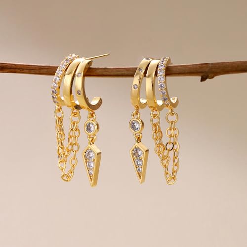Gold Dangle Earrings for Women, 14k Gold Plated Stacked Triple Hoop Illusion Earrings Cubic Zirconia Huggie Earrings for Women Trendy - color: Gold Chain Earrings