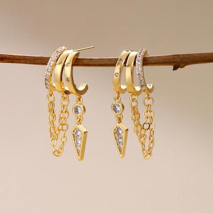 Gold Dangle Earrings for Women, 14k Gold Plated Stacked Triple Hoop Illusion Earrings Cubic Zirconia Huggie Earrings for Women Trendy - color: Gold Chain Earrings