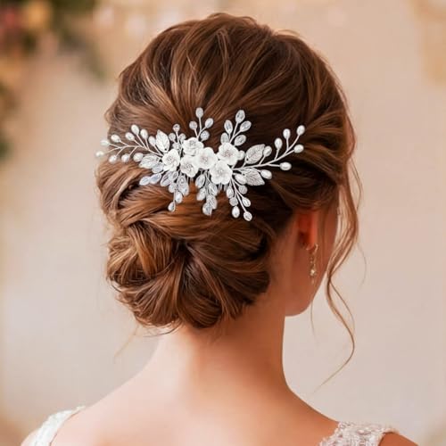 Unicra Flower Bride Wedding Hair Comb Leaf Silver Bridal Headpiece Pearl Hair Accessories Crystal Hair Piece Jewelry for Women (A Silver) - color: A Silver