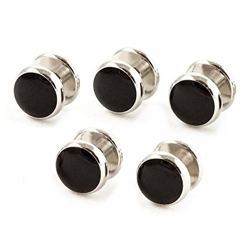 Cuff-Daddy Silver Black Enamel Shirt Studs Set for Tuxedo Wedding Party and Groomsmen in Velour Pouch - color: 5 Studs