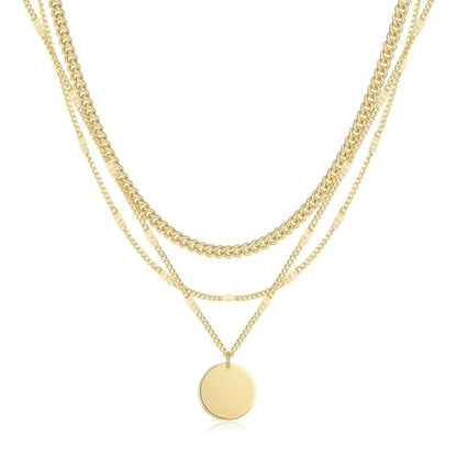 Evabelle Gold Layered Necklace for Women Trendy Jewelry 14K Real Gold Plated Chunky Chain Stackable Necklaces Dainty Choker Necklaces Rectangle Square Pendant - color: Gold Necklace 08