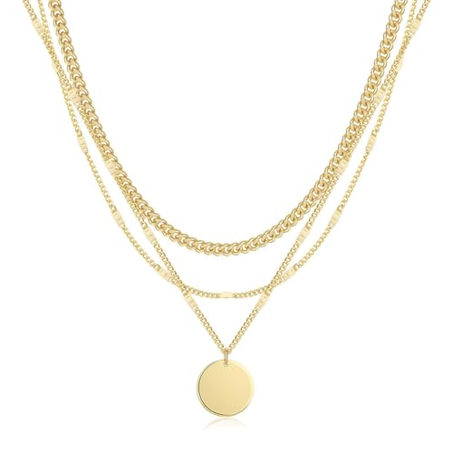Evabelle Gold Layered Necklace for Women Trendy Jewelry 14K Real Gold Plated Chunky Chain Stackable Necklaces Dainty Choker Necklaces Rectangle Square Pendant - color: Gold Necklace 08