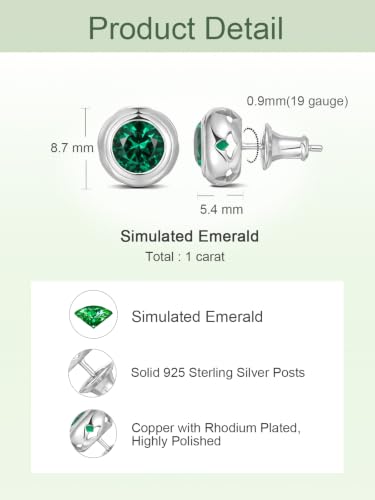 0.6-4 Carat 5A Cubic Zirconia/Simulated Emerald Sparkle Stud Earrings for Women, Hypoallergenic 925 Sterling Silver Posts, Anniversary Birthday Valentines Mothers Day Jewelry Gift - color: Simulated Emerald - White Gold, size: 1.00 Carat (0.50ct * 2)