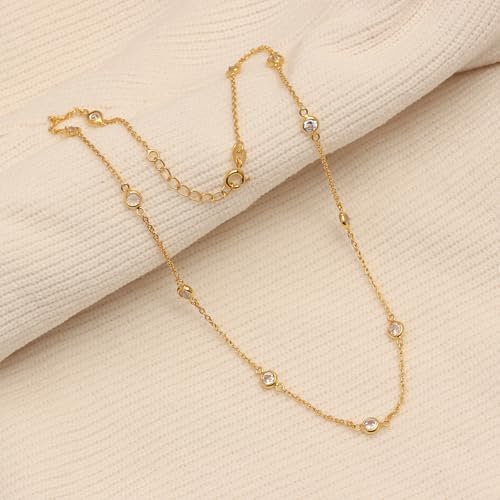 LeCalla 925 Sterling Silver CZ Station Necklace for Women | Italian Round Cubic Zirconia Station Chain Necklace (16, 18, 20, 24 Inches) - color: 14kt Gold Plated Silver, size: Length 16" + 1" Ext. (Women's Choker Length)