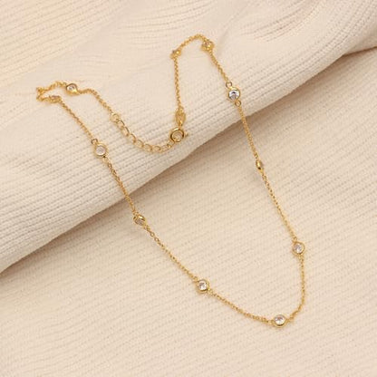LeCalla 925 Sterling Silver CZ Station Necklace for Women | Italian Round Cubic Zirconia Station Chain Necklace (16, 18, 20, 24 Inches) - color: 14kt Gold Plated Silver, size: Length 16" + 1" Ext. (Women's Choker Length)