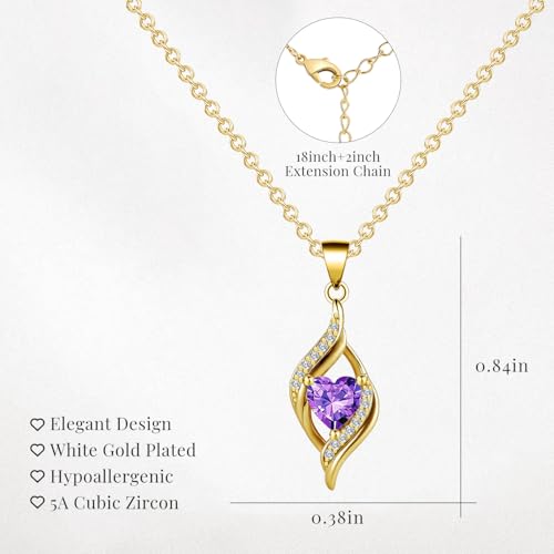 Birthstone Necklace for Women, 14K Gold Plated Heart Cubic Zirconia Pendant, Dainty Birthstone Jewelry Necklace Gifts for Birthday, Valentine’s Day Mother's Day - color: February-Amethyst
