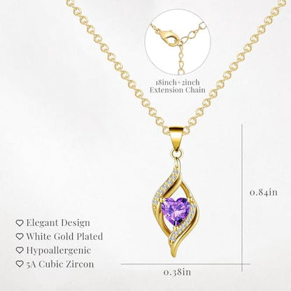 Birthstone Necklace for Women, 14K Gold Plated Heart Cubic Zirconia Pendant, Dainty Birthstone Jewelry Necklace Gifts for Birthday, Valentine’s Day Mother's Day - color: February-Amethyst