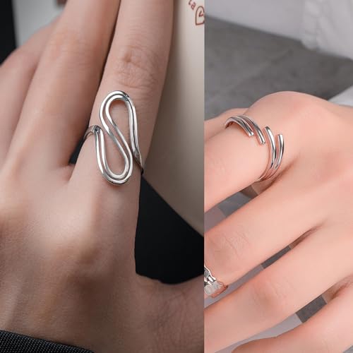 Loqimu 6 Pack Silver Midi Rings Stainless Steel Stackable Rings for Women Open Knuckle Rings Set Wide Irregular Finger Rings for Teen Girls Hug Geometric Fashion Rings Aesthetic Jewelry Gift - color: Silver 2