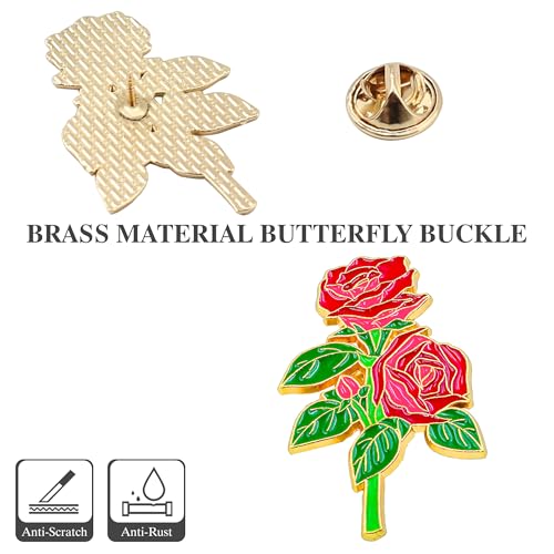12 Pcs Red Rose Flower Enamel Lapel Pin, 1.5 inch Metal Badge Brooch for Women Men Clothes Bags Hats - style: Red Rose