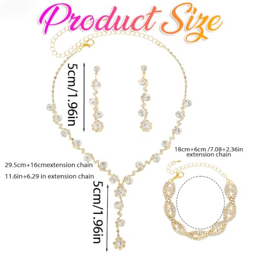 Aukmla Rhinestone Wedding Prom Jewelry Sets Silver Diamond Necklaces and Earring Bracelet Set for Brides and Women - color: Gold
