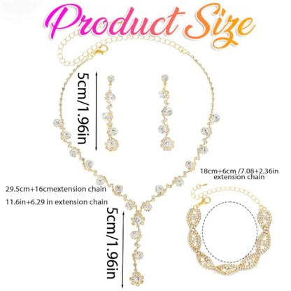 Aukmla Rhinestone Wedding Prom Jewelry Sets Silver Diamond Necklaces and Earring Bracelet Set for Brides and Women - color: Gold
