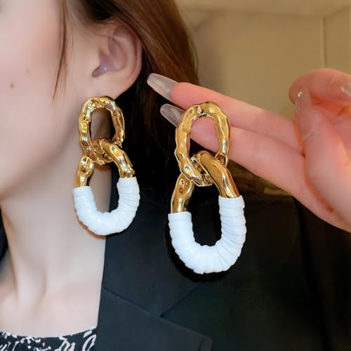 Chunky Gold Acrylic Chain Statement Earrings for Women,Exaggerated Thick Chain Artificial Leather Wrap Dangle Earrings Trendy Geometric Ear Jewelry - color: White