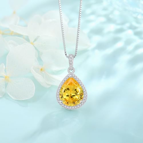 FJ Teardrop Pendant Necklace 925 Sterling Silver Birthstone Jewelry for Women - color: 11 November-Citrine