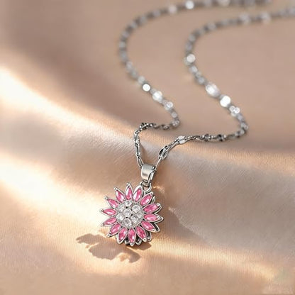 Sunflower Fidget Necklace for Women Gold Moon Necklace Rotating Heart Necklaces Spinning Crystal Flower Anxiety Necklaces Crescent Moons Jewelry Accessories - color: SilverPink