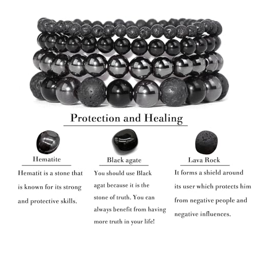 Vinswet 4pcs Beaded Bracelets for Women,Natural Healing Crystal Gemstones Bracelet,Anxiety Stress Relief Bracelet Handmade purple Jewelry Gifts for Women - color: Hematite&Black agate&Lava Rock