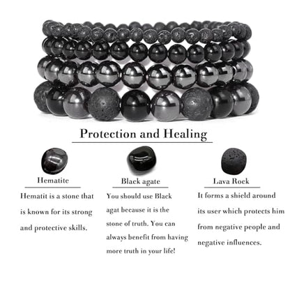 Vinswet 4pcs Beaded Bracelets for Women,Natural Healing Crystal Gemstones Bracelet,Anxiety Stress Relief Bracelet Handmade purple Jewelry Gifts for Women - color: Hematite&Black agate&Lava Rock