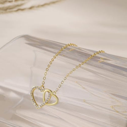 Gold Necklace for Women, 14K Gold Plated Cubic Zirconia Pendant Necklace, Dainty Heart Moon Circle Paperclip Jewelry for Layering, Everyday Birthday Gift - color: Gold Interlocking Heart
