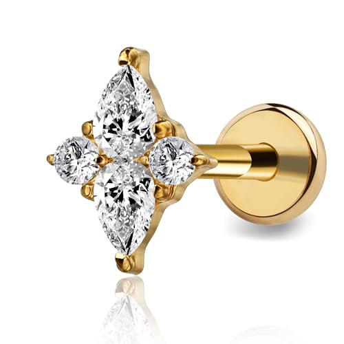 FINE4U 1PC ASTM F136 Titanium 16G Flatback Stud for Tragus, Helix, Conch 6mm 8mm - Screw on Cartilage Earring Piercing Jewelry - color: Four-Pointed Star B - Gold