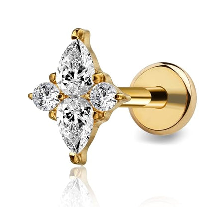 FINE4U 1PC ASTM F136 Titanium 16G Flatback Stud for Tragus, Helix, Conch 6mm 8mm - Screw on Cartilage Earring Piercing Jewelry - color: Four-Pointed Star B - Gold