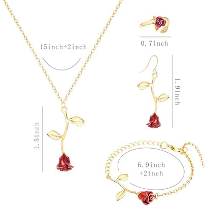 NEWITIN 4 Pieces Flower Jewelry Set for Women Fashion Costume Jewels Pink Flower Dangle Earrings Necklace Floral Beads Bracelet Gold Jewelry Set for Women - color: Rose Flower Jewelry Set