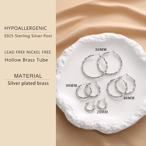 14k Gold Plated Hoop Earrings for Women, 925 Sterling Silver Posts Thick Twist Hypoallergenic Chunky Large Earrings 20mm 30mm 40mm 50mm - color: silver, size: 30mm