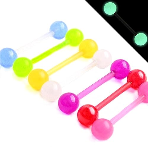 7pc GLOW IN THE DARK 14G Tongue Bar UV Acrylic Multi Color Flexible Barbell Ring Nipple Piercing Jewelry