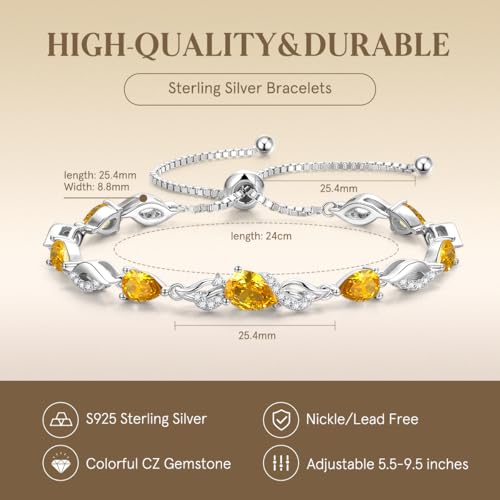 FANCIME Birthstone Teardrop Tennis Bracelet for Women, Sterling Silver 9x7mm main Gemstone Bolo Adjustable Chain Bracelet Fine Jewelry Birthday Gifts for Women Mom Wife Her - color: 11-Citrine