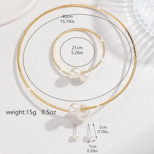 Gold Jewelry Set for Prom,Pearl Necklace Earrings Bracelet Crystal Bridal Wedding Prom Dresses Costume Jewelry Accessories Rhinestone Bridal Jewelry Set for Women - color: Gold Pearl