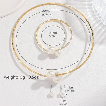 Gold Jewelry Set for Prom,Pearl Necklace Earrings Bracelet Crystal Bridal Wedding Prom Dresses Costume Jewelry Accessories Rhinestone Bridal Jewelry Set for Women - color: Gold Pearl