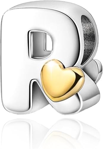 Two-Tone Gold Heart S925 Silver Letter Charm Fits Pandora Bracelet Necklace | Initial Bead Two-Tone Gold Heart, DIY European Bracelet Accessory, Gift for Ladies Birthday Anniversary Valentine - style: R