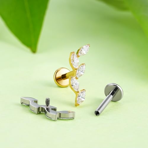 FINE4U 16G CZ Cluster Climber Cartilage Earring for Helix, Tragus - ASTM F136 Titanium Triple Marquise Labret Stud, Screw on Nickel Free Flat Back Jewelry - color: Five Marquise - Clear CZ - Gold