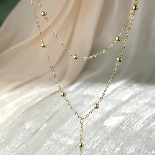 Lariat Gold Necklaces for Women Trendy Dainty Long Necklace 14k Gold Plated/Silver Layered Drop Beaded Chain Necklaces Y-shaped Pendant Necklace Simple Gold Jewelry Gifts - color: Beaded-Gold