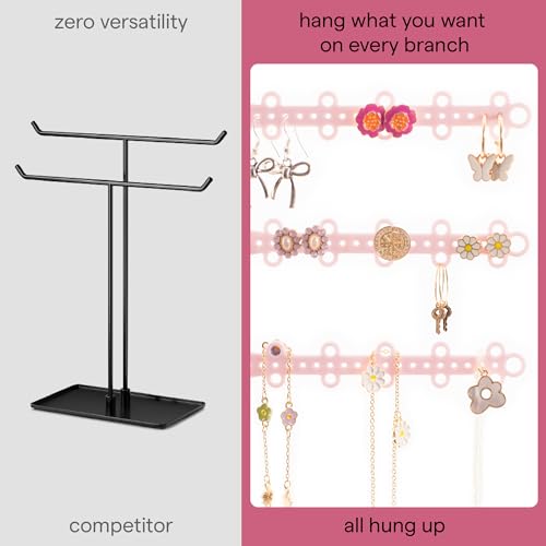 6-Tier Hanging Wall Jewelry Organizer, Earring, Necklace, Ring Holder-Pink | Large Capacity with 120 Earring Holes, Rotating Branches, Includes 3M Command Strips, Bracelet, Ring & Necklace Storage - color: 6-Tier Pastel Pink