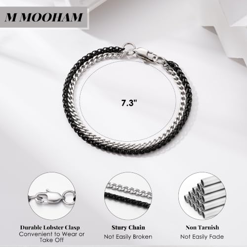 M MOOHAM Mens Bracelet, Black/Silver-Plated Chain Bracelets for Men | Stainless Steel Wheat Rope Figaro Cuban Link Chain Bracelet, Jewelry Gifts for Men, 7.3/8.5 Inch