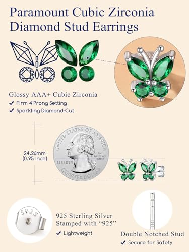 Suplight Butterfly Stud Earrings 925 Sterling Silver 14K Gold Brithstone Earrings for Women Brithstone Jewelry Gifts - color: 05.May( Emerald), size: Silver