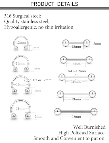 14G 16G 12G Nipple Piercings Tongue Rings Externally Threaded Hypoallergenic 316L Surgical Steel Nipple Hoops Tongue Barbell Piercing Jewelry for Women Men 12mm 14mm 16mm 19mm 22mm - color: Silver-16G-12mm 14mm 16mm 19mm 22mm Bars/5mm Balls