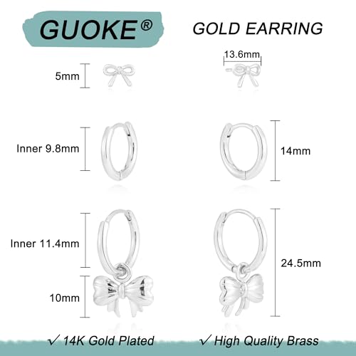 3 Pairs Earring Stacks, Gold Earring Set Jewelry Gift for Women | Small, 14K Gold/White Gold/Black/Rose Gold Plated, Hypoallergenic, Her, Everday, Stackable, Simple, 3 Holes - color: Silver-Bow
