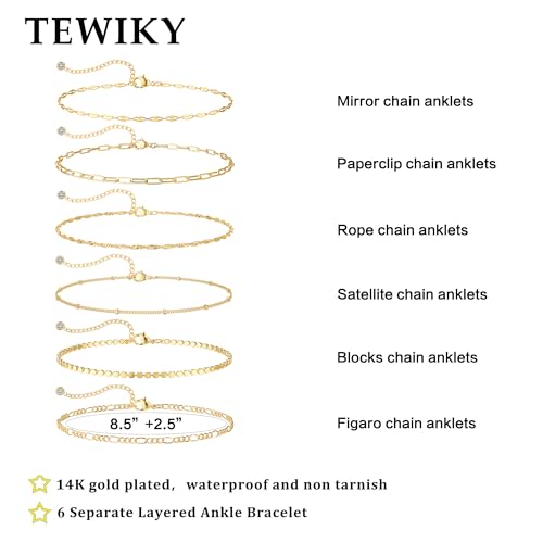 Tewiky Waterproof Ankle Bracelets for Women, 14K Real Gold Plated Anklets for Women 6PCS Anklet Set Dainty Summer Beach Jewelry - color: 6pcs set-A